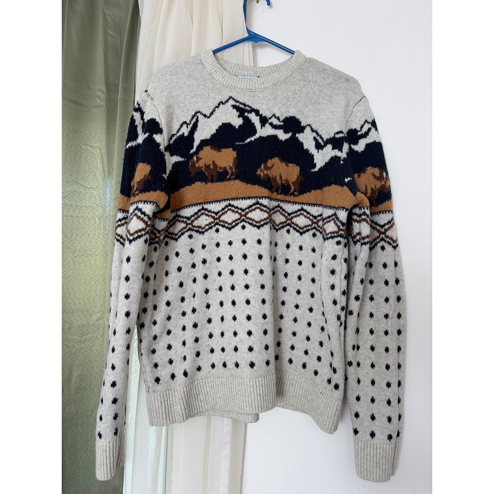 Old Navy Scenic Bison Mountain Sweater Mens L Oatmeal Excellent Intarsia Knit